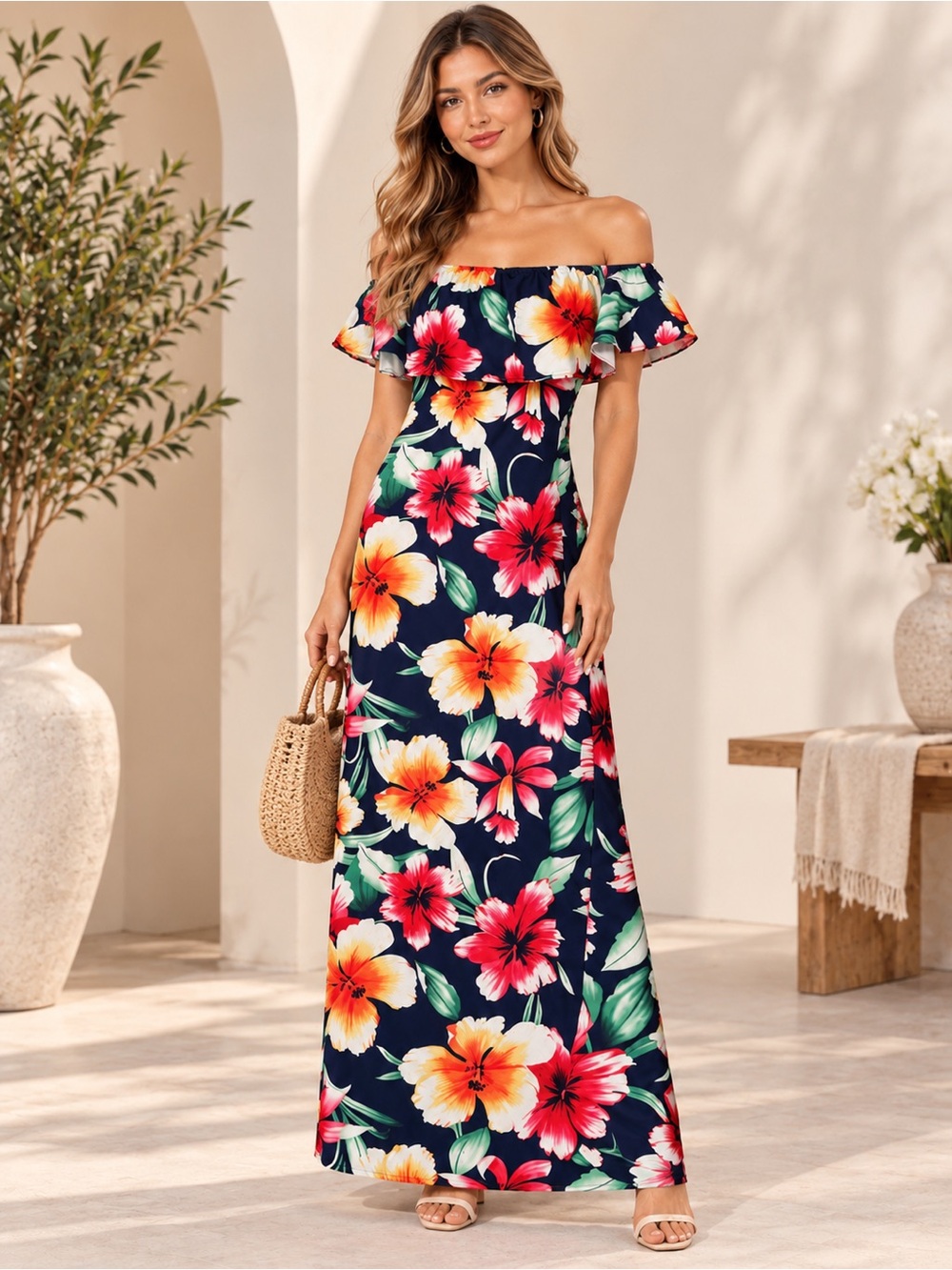 Tropical Floral Off Shoulder Ruffle Maxi Dress M